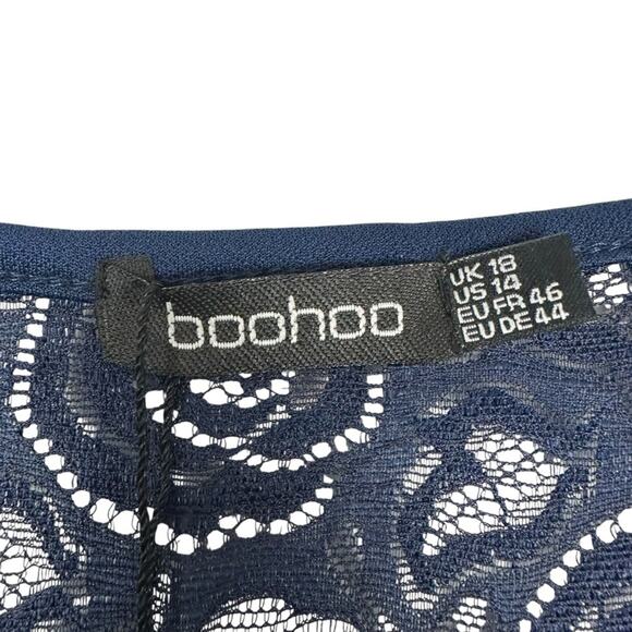 Boohoo Navy Blue  Plunge V Neck Lace Long Sleeve Bodysuit Size 14 - Picture 2 of 10